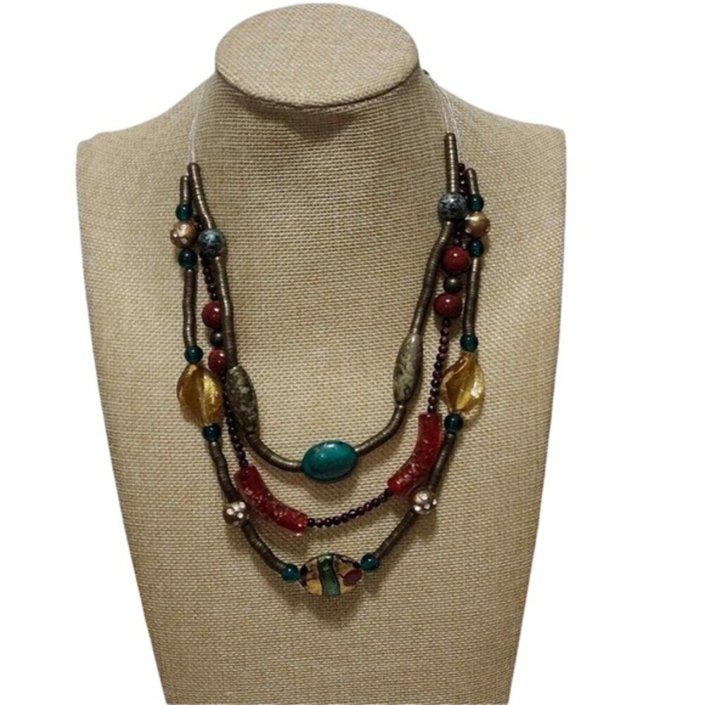 Treska Multi-Strand Beaded Statement Necklace Boho Mixed Media Turquoise Red